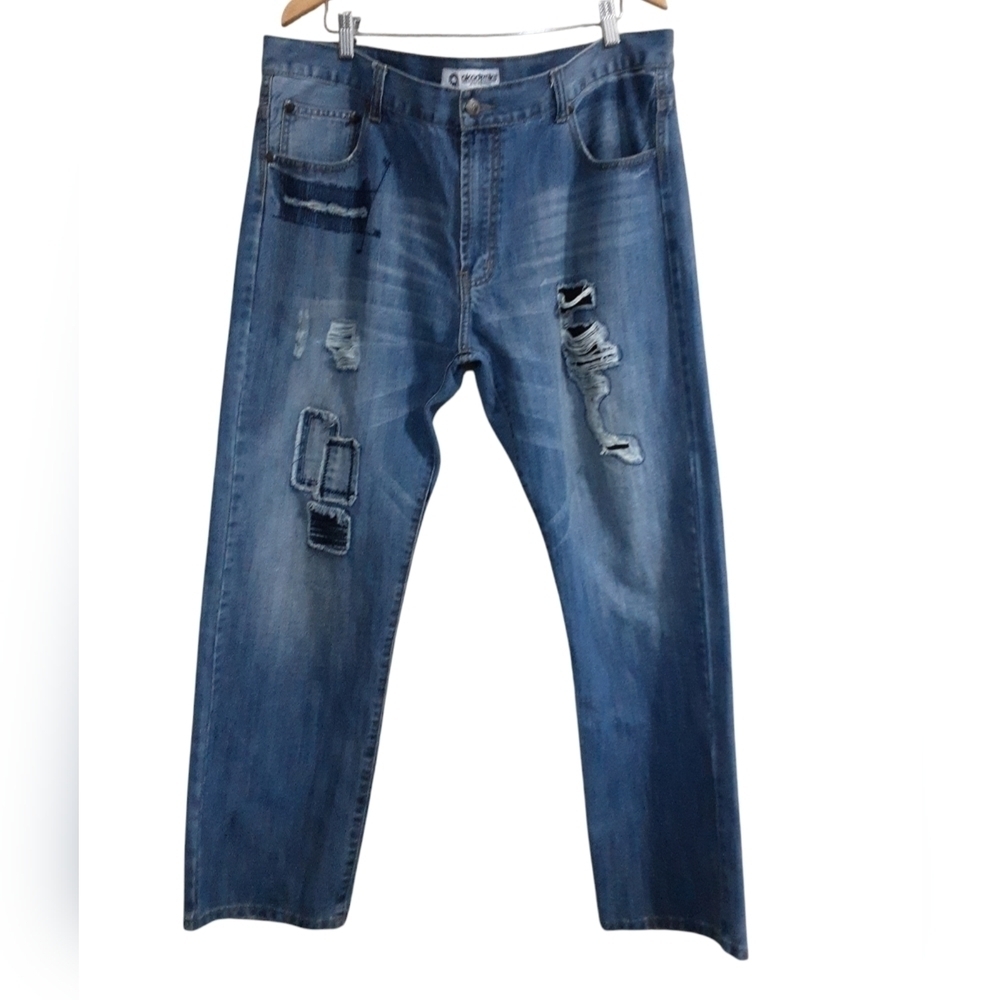 Ademiks jean men's 42/32 straight patchwork y2k retro casual grandpa  blue